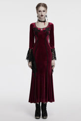 Red Long Sleeves Floral Embroidery Stitching Lace Women's Gothic Gown Dress